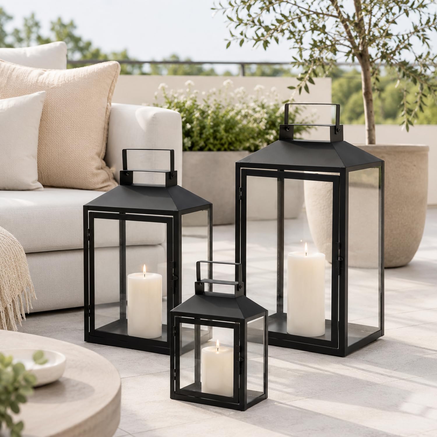 Mojawo 3er Set Gartenlaterne Windlicht Laterne Laternen Metalllaterne Set Dekoration Außen Metall Schwarz H28/35/44cm