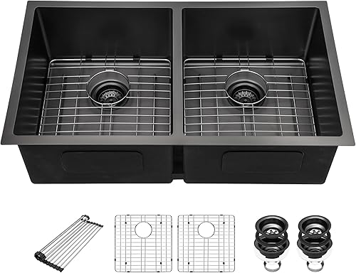 Vista 53 de Sarlai Fregadero doble de 33 piezas para empotrar - Fregadero de cocina de 33 x 19 pulgadas, acero inoxidable de calibre 16, esquina redonda, doble