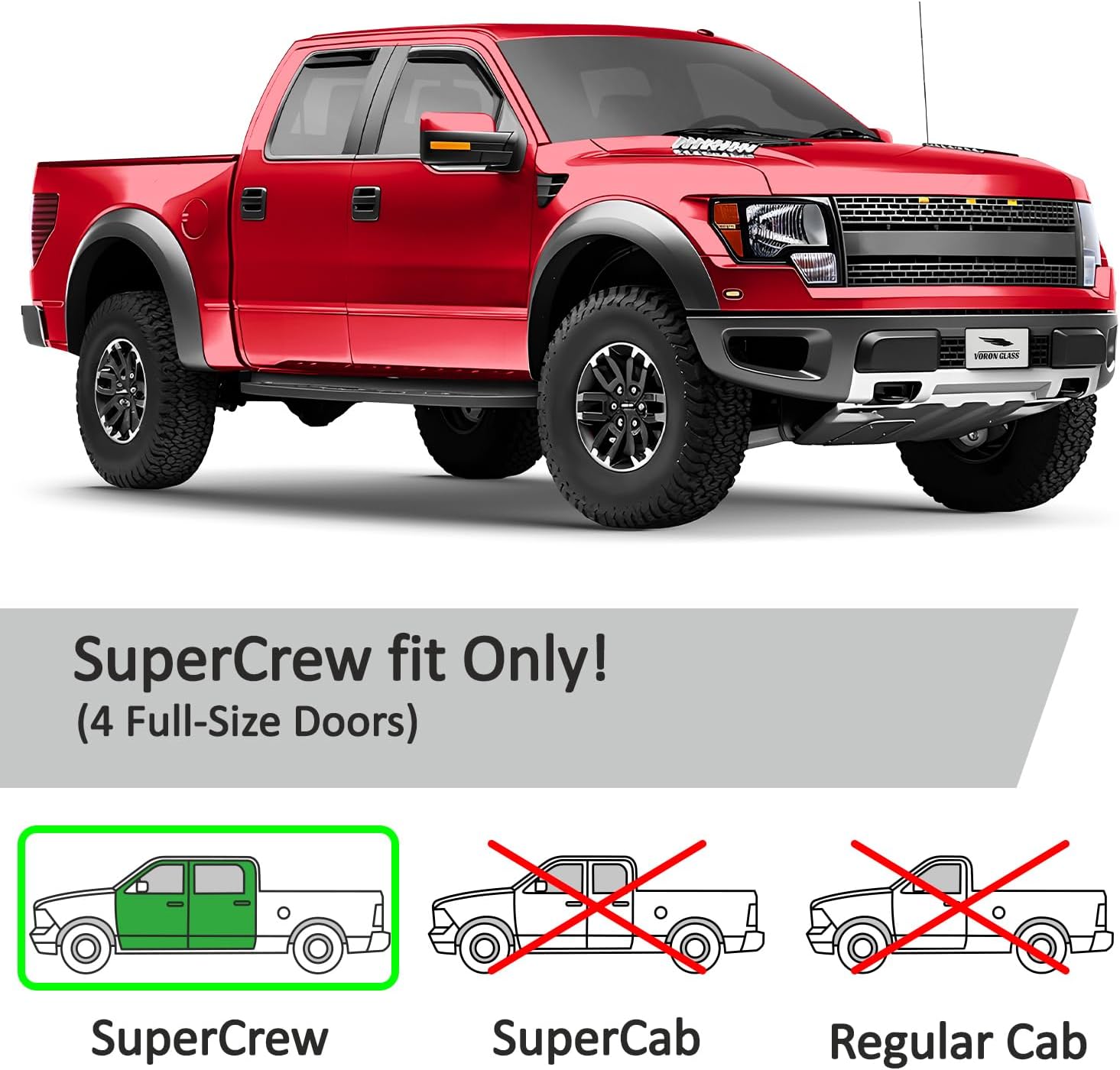 Voron Glass in-Channel Extra Durable Rain Guards for Ford F-150 SVT Raptor 2011-2014 SuperCrew, Window Deflectors, Vent Window Visors, 4 Pieces - 200287