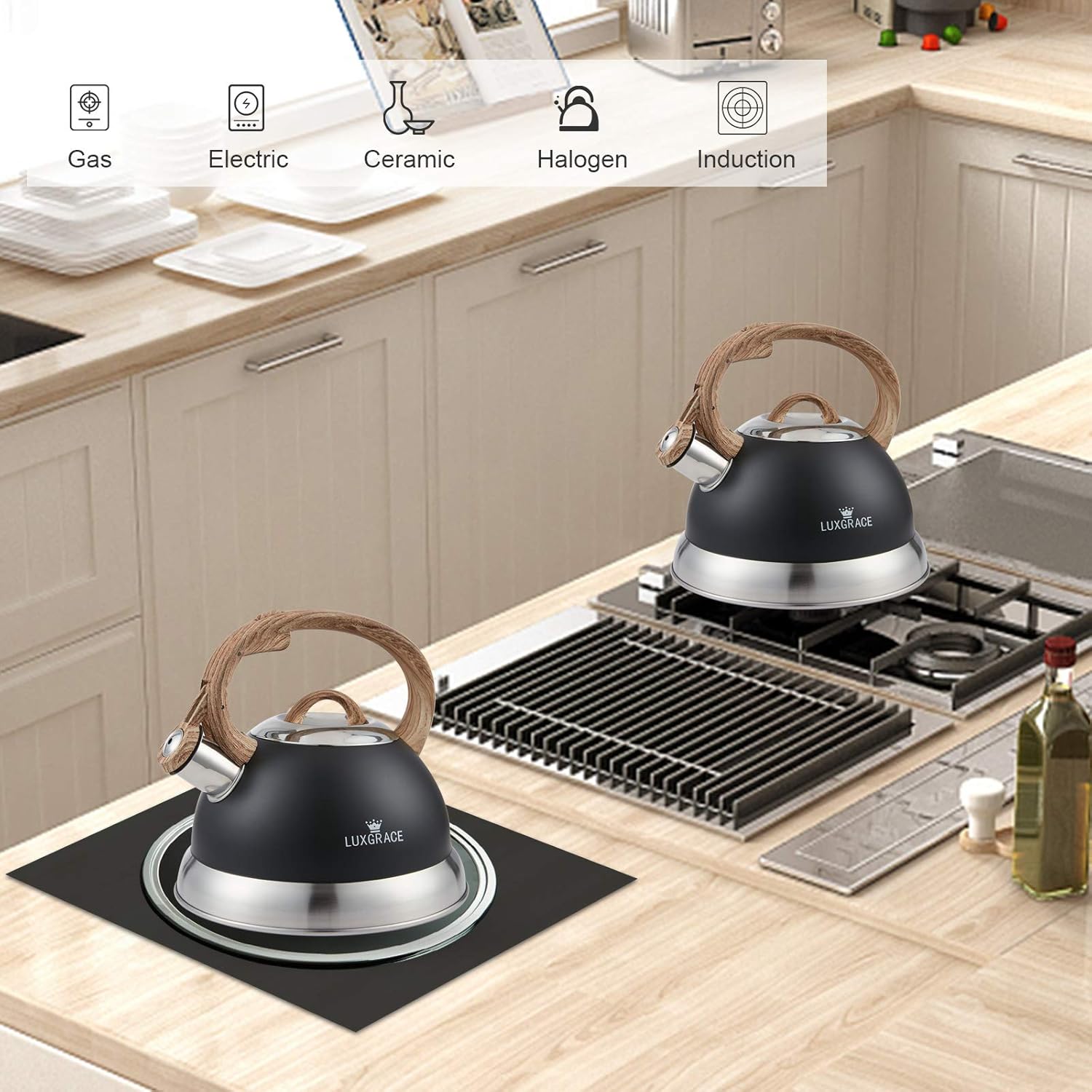 Creative Home 2.3 Qt. Stainless Steel Whistling Tea Kettle Teapot with Ergonomic Wood Rubber Touching Handle, Opaque Black