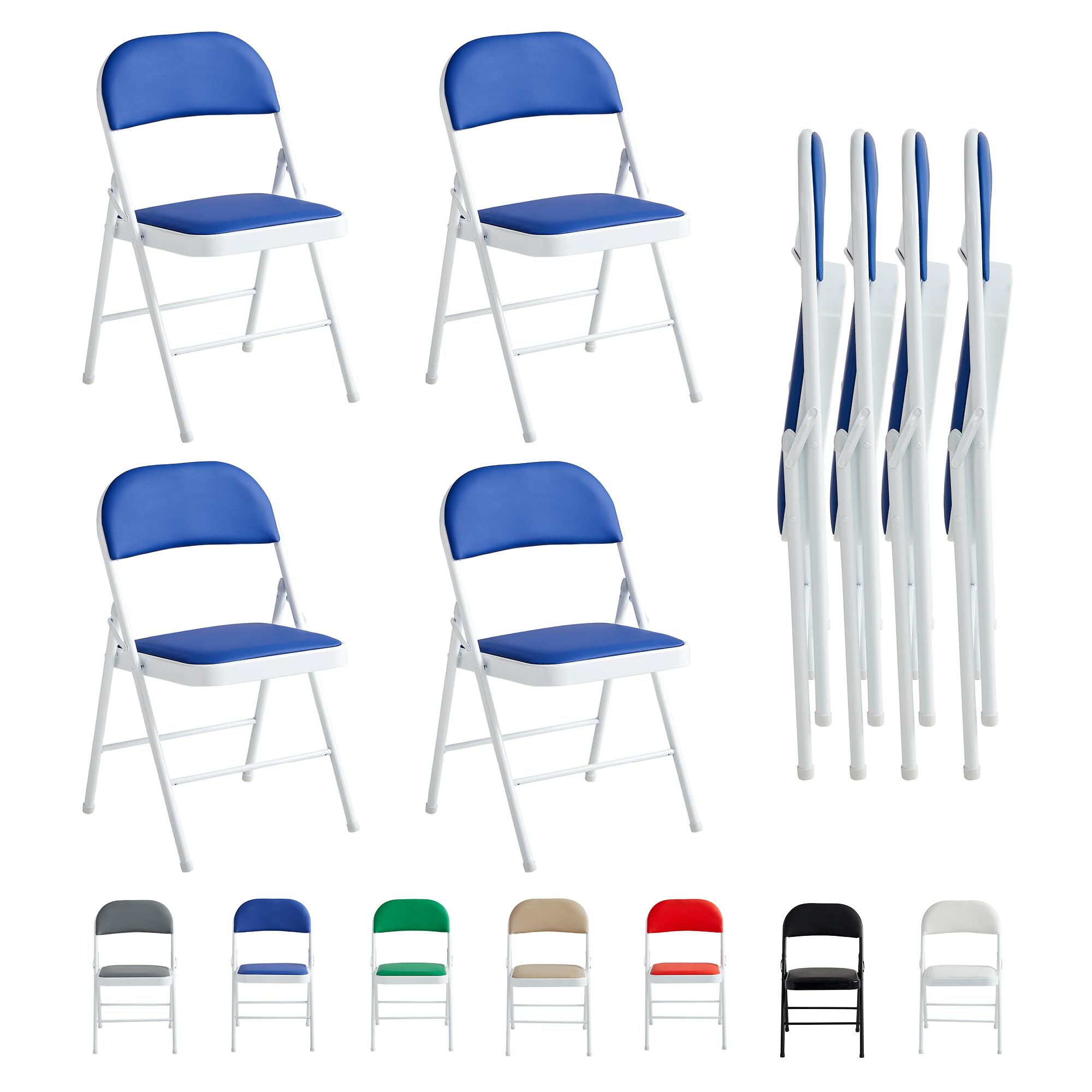 mcc direct Folding Chairs, Faux Leather Foldable Chairs with Metal Frame and Padded Seat, Easy to Fold and Store for Home, Office, Dining and Reception (4, Blue)