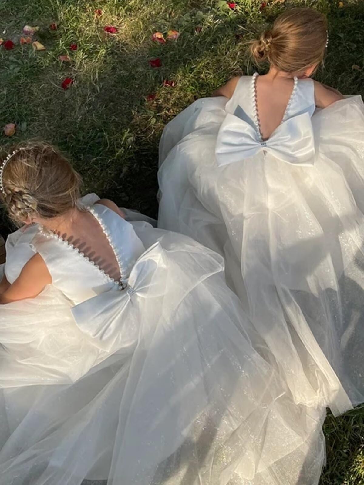 Vestido de tul con purpurina para niña, espalda en V, vestido de fiesta con perlas, vestido de princesa de longitud completa con nudo de lazo, Dorado, 4