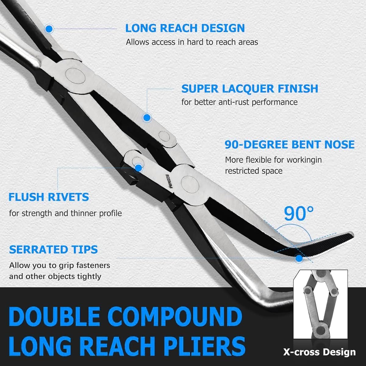 3-PCS 13” Double Jointed Long Needle Nose Pliers Set with Straight, 45°and 90° Bent Tips - Professional Thin-Nosed Enhanced Long Reach Pliers Suitable for Working in Narrow and Sharp Angles