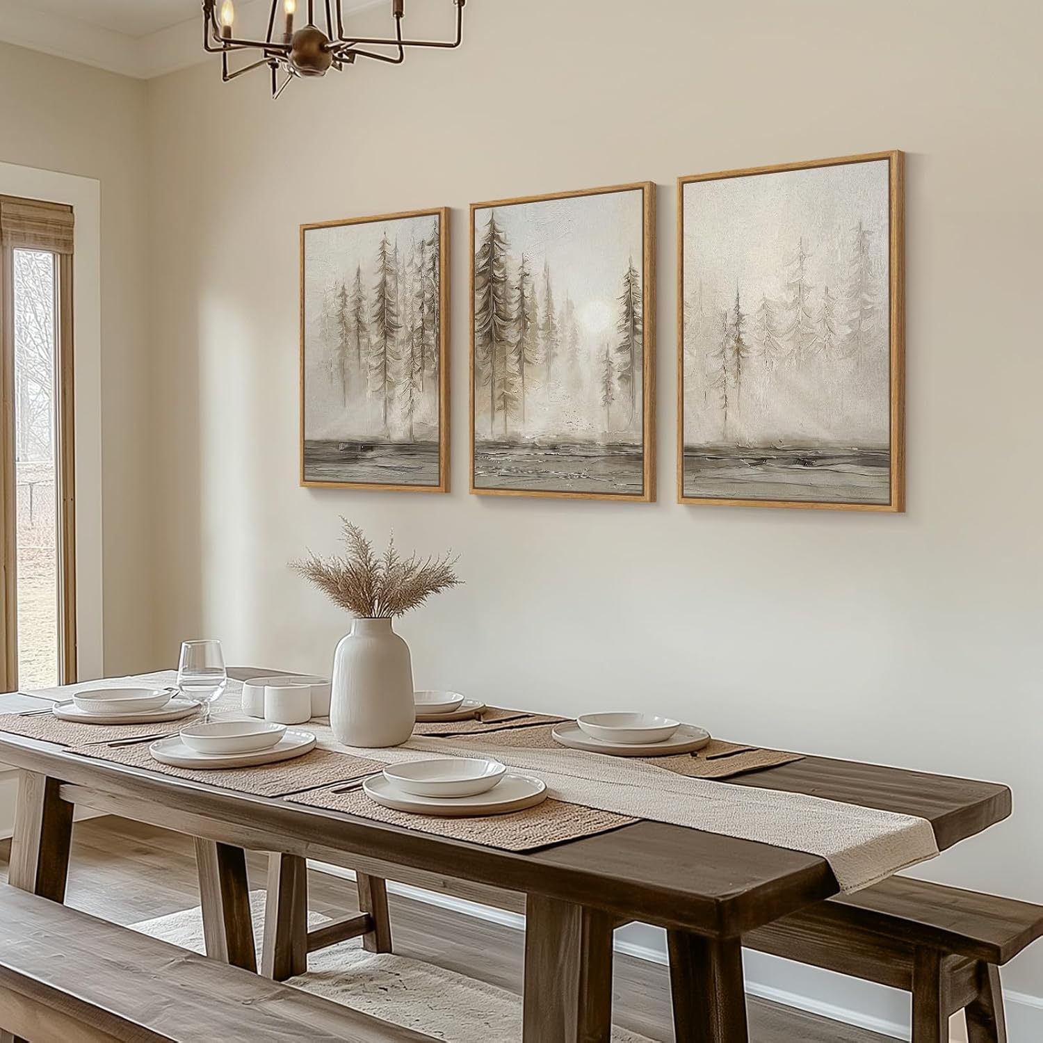 framed neutral tree set of 3 wall art for living room, abstract modern rustic landscape beige canvas artwork for walls, nordic misty forest farmhouse wall decor for bedroom hallway office, 16x24 inch 16" w x 24" h x 3pcs netural forest-teak frame