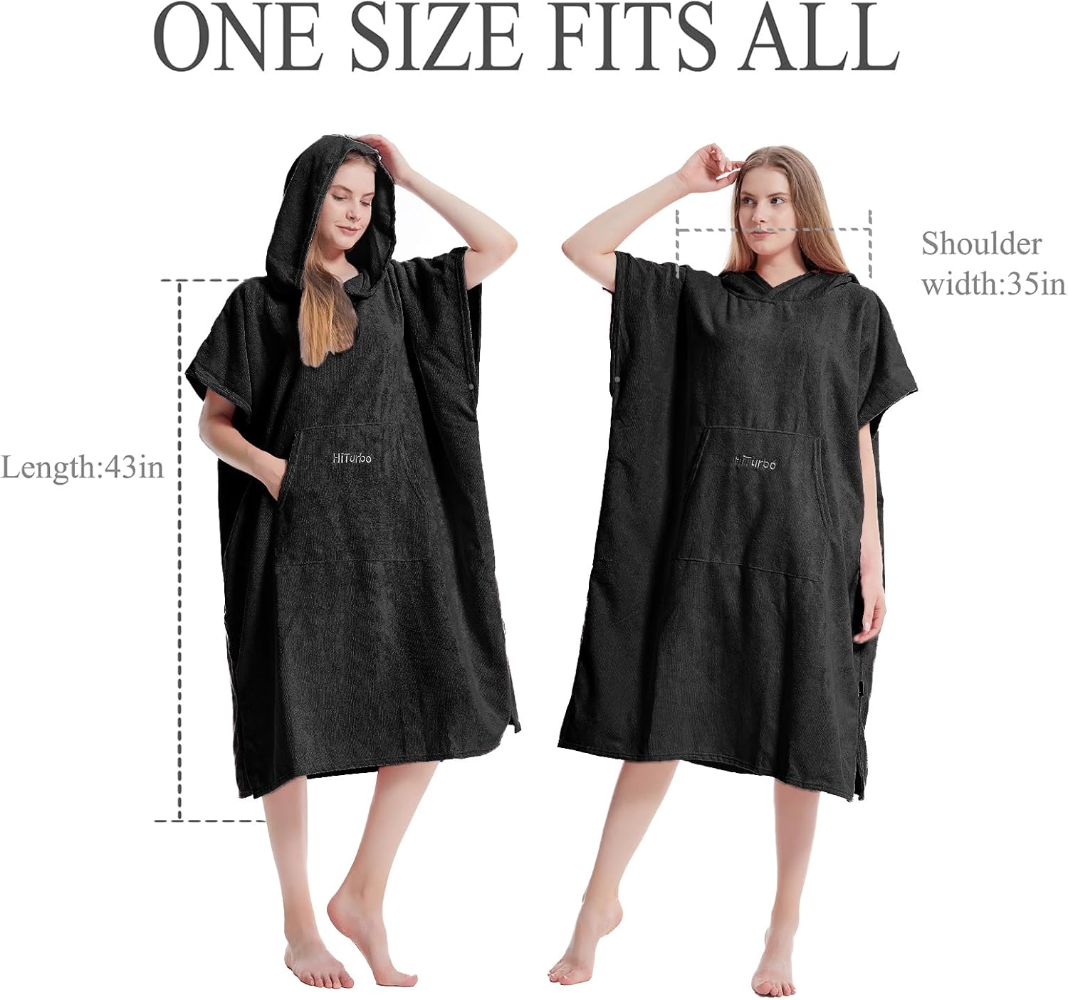 Hiturbo Changing Towel Robe, Absorbent Hooded Surf Poncho Quick-Dry Blanket Towels with Front Pocket for Swiming Surfing Aquatics One Size Unisex (Black)
