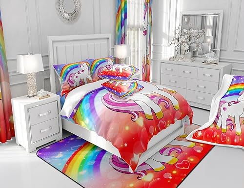 Miniatura 6 de Erosebridal Funda de edredón de unicornio tamaño matrimonial, juego de ropa de cama de arcoíris para niñas y niños, bonita funda de edredón de