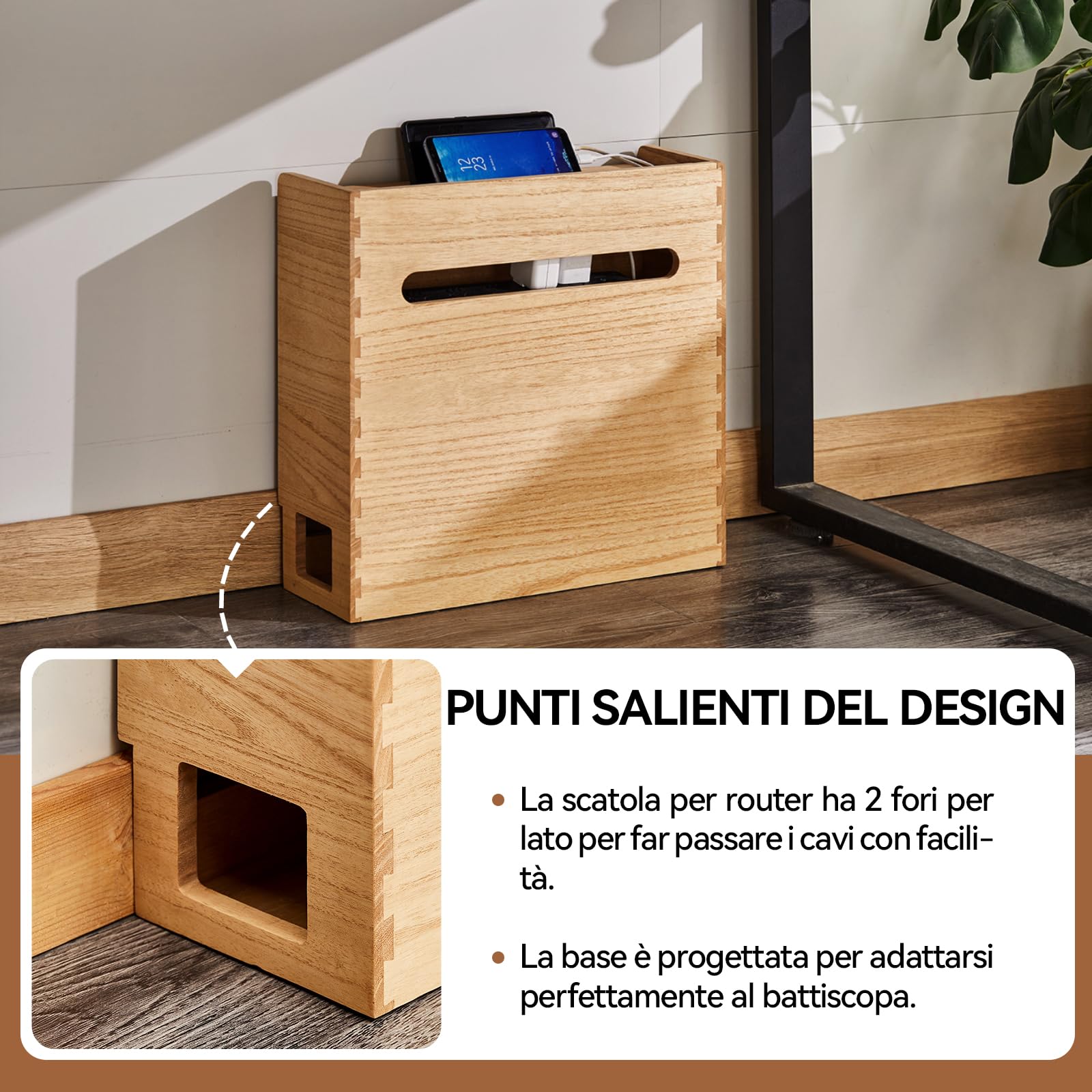 KIRIGEN Scatola di immagazzinamento per router Wifi, scatola di immagazzinamento con ripiano in legno, organizzatore di prese di corrente, gestione e organizzazione dei cavi natürliche Farbe