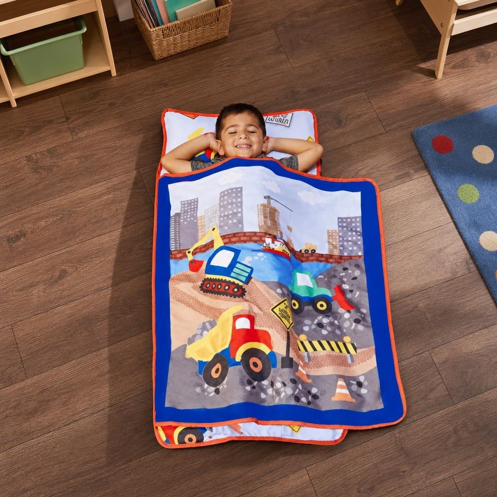 View 1 of [HEAVILY USED] EVERYDAY KIDS Toddler Nap Mat with Removable Pillow -Under Construction- Carry Handle with Fastening Straps Closure, Rollup Design, Soft Microfiber for Preschool, Daycare, Sleeping Bag -Ages 2-6 years