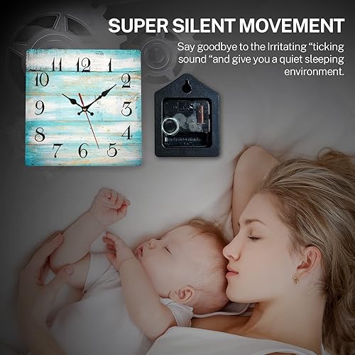 Miniatura 2 de ArtSocket Reloj de pared de madera, silencioso, sin tictac, color azul, verde azulado, blanco, grano de madera, retro, cuadrado, rústico, costero,