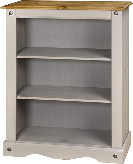 Corona Grey Wax Low Bookcase in Solid Pine, Mexican