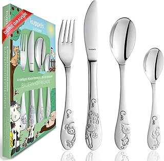 GiveSmiles Kinderbesteck mit Namensgravur – Personalisiertes Kinderbesteck, Besteck Set Geschenk Junge 3 Jahre, Taufgeschenk Junge & Geschenk zur Taufe Bauernhoffreunde Edelstahl