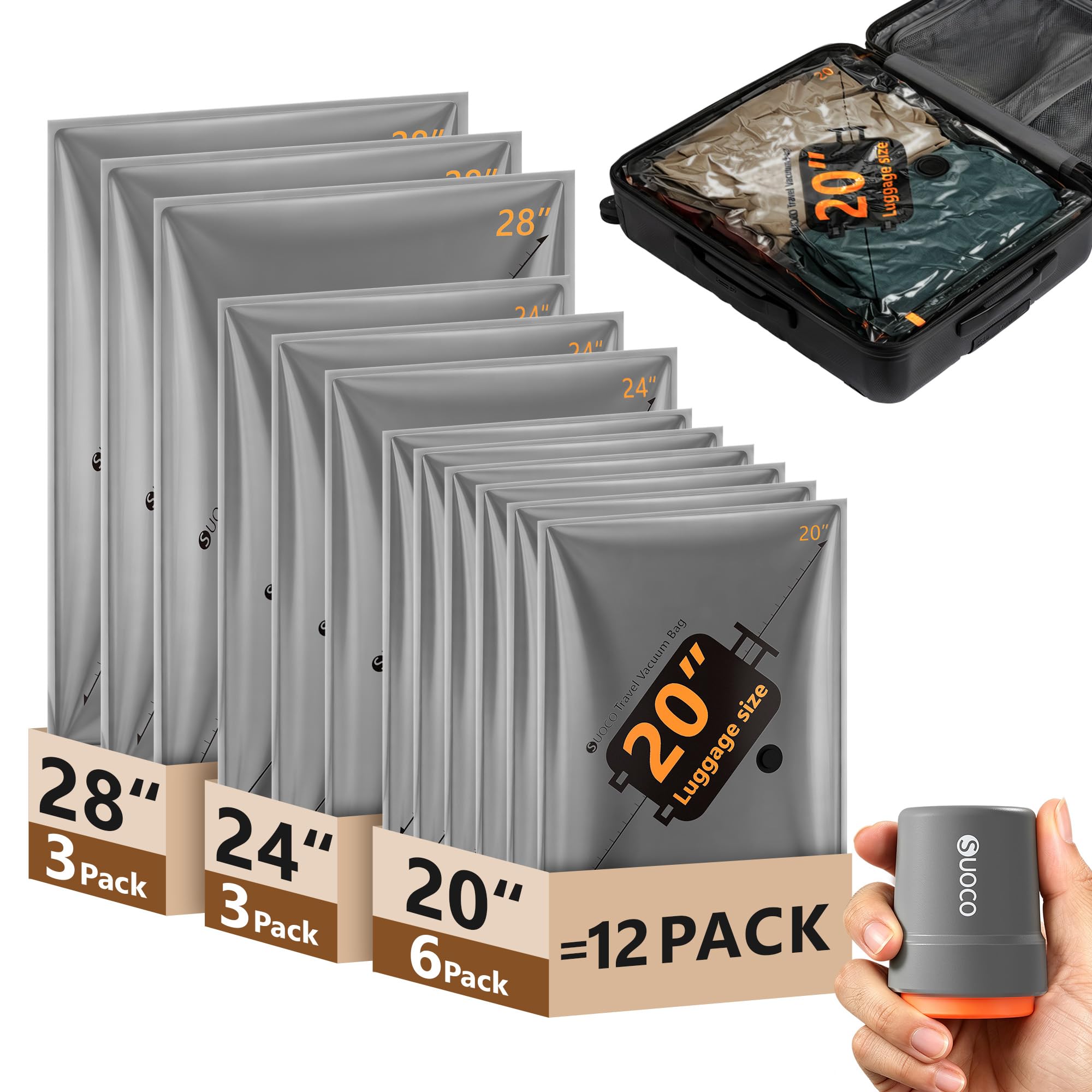 SUOCO Vakuumbeutel für Kleidung mit kabelloser Vakuumpumpe, wiederverwendbare Vakuumierbeutel für Kleider, Koffer Organizer, Travel Essentials, geeignet für Reisen und Aufbewahrung