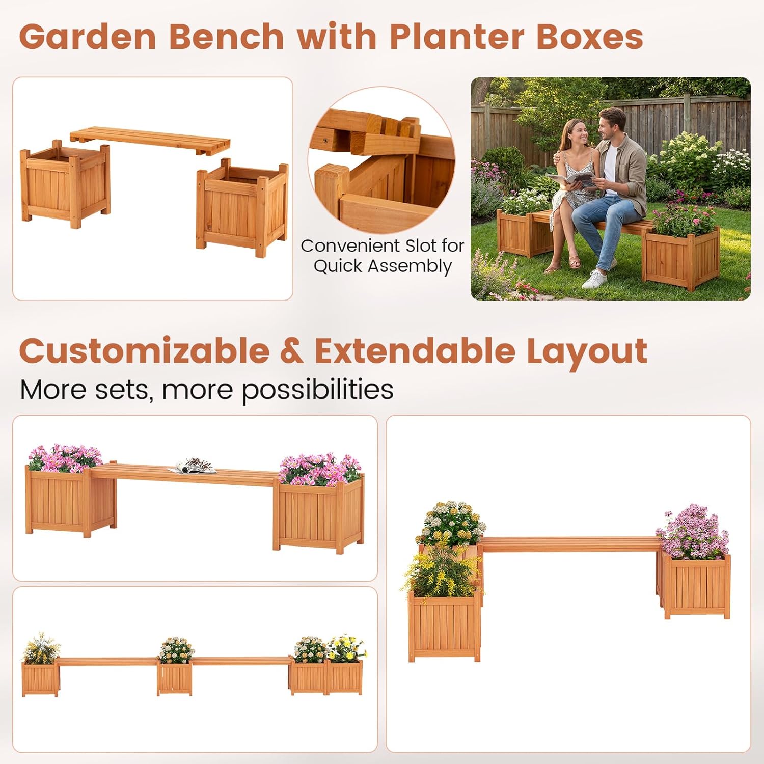 Giantex 2-in-1 Outdoor Bench with 2 Raised Garden Beds, Wood with Teak Oil Finish, Garden Bench Seat with Planter Boxes for Porch Balcony Lawn Yard, DIY Assembly, Orange