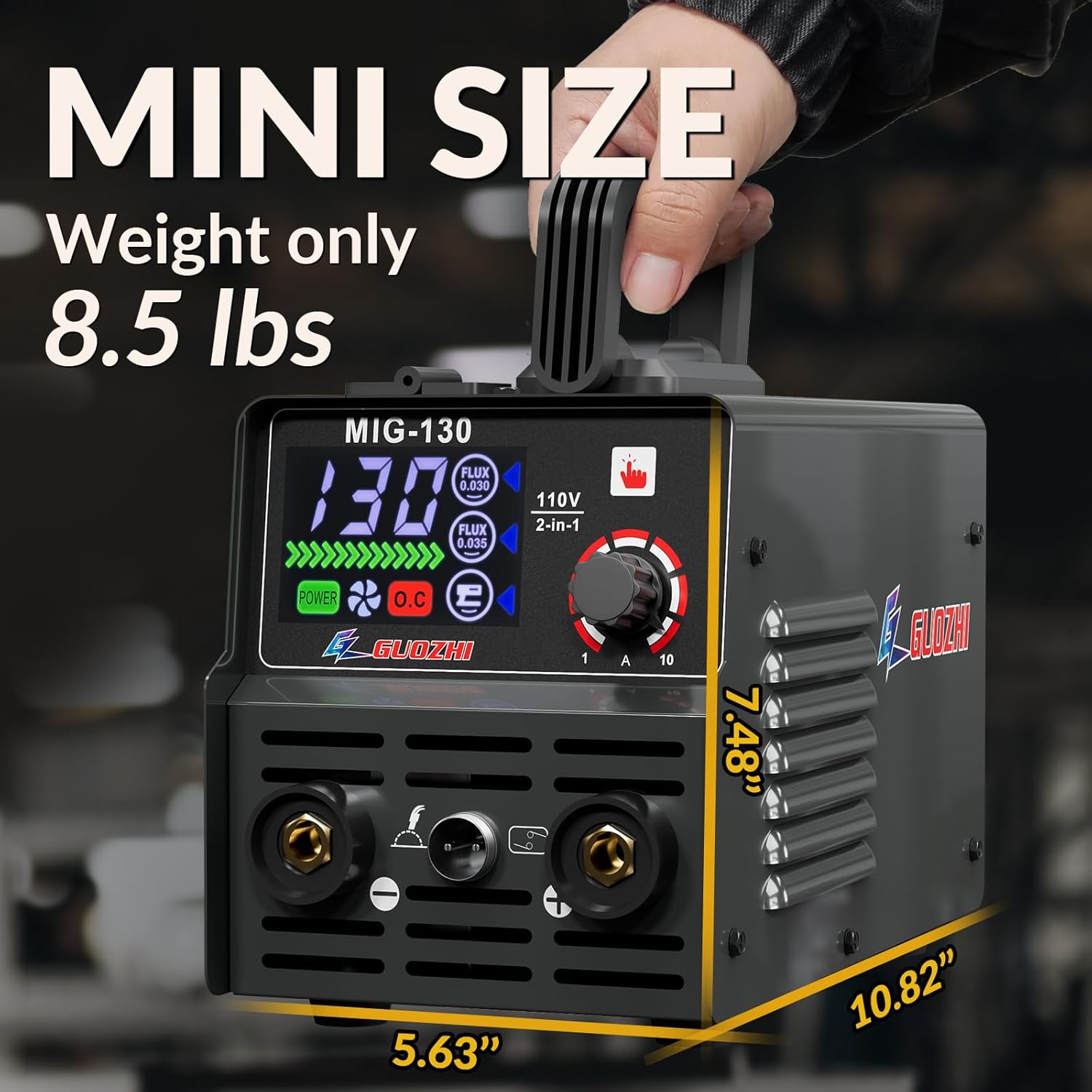 GZ GUOZHI MIG Welder 130Amp 110V with Super Large LED Display, 2 in 1 Gasless Flux Core MIG/Stick MMA ARC Multiprocess Welding Machine with Synergy, Portable Welder Equipment with Welding Gun