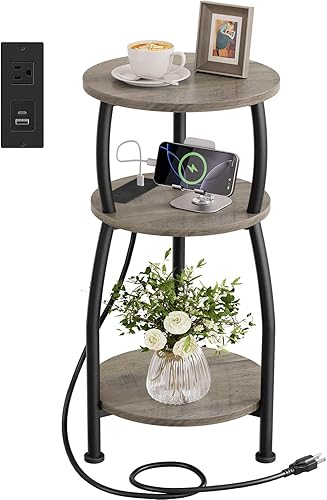 Miniatura 17 de Mesa auxiliar redonda pequeña, mesa auxiliar de 3 niveles con estante de almacenamiento, mesa de sofá delgada, mesa de café, mesita de noche Marrón