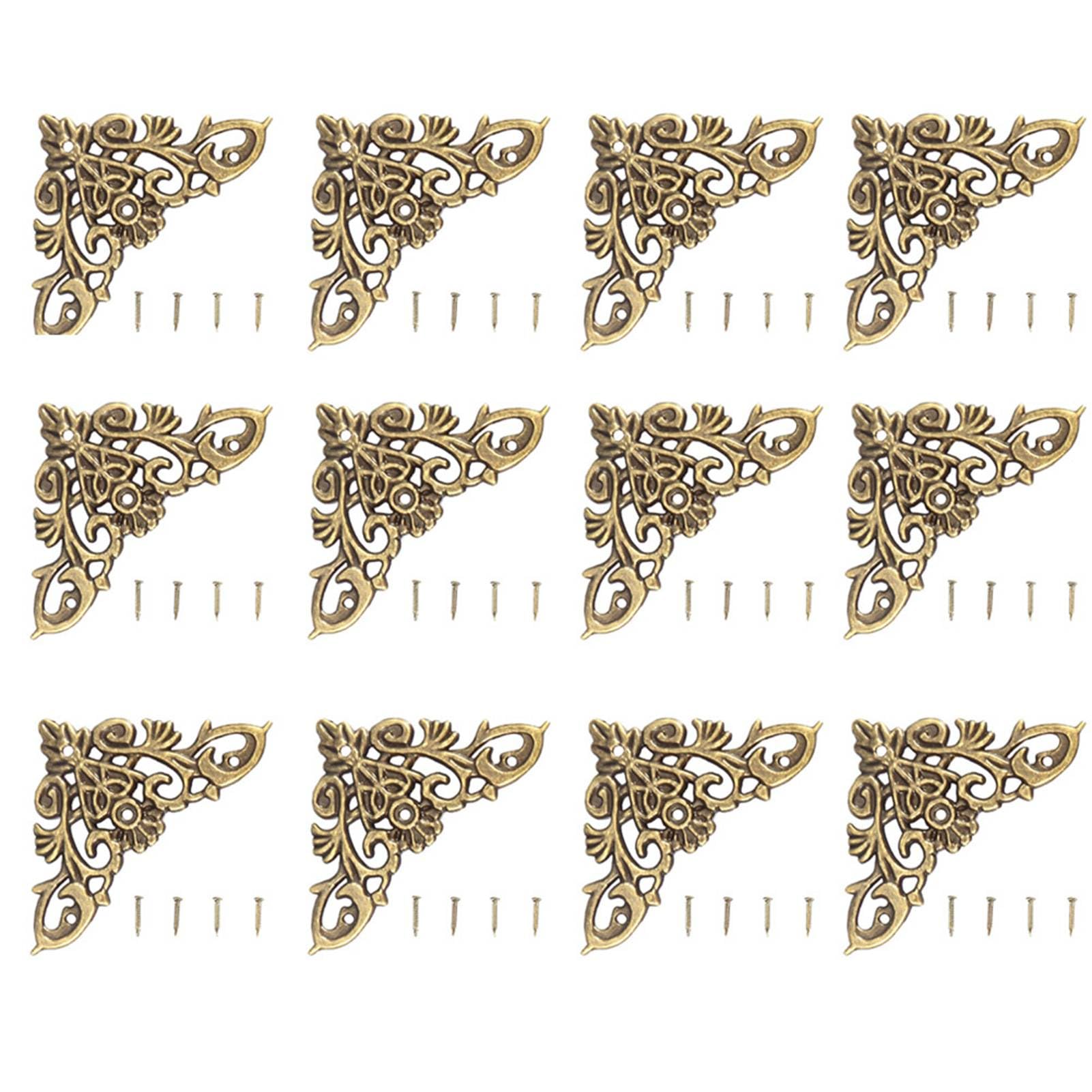 12PCS Antique Hollow Shape Jewelry Scrapbook Album Protector Wood Box Corner Decor, with Screws, for DIY Craft (L 47.24in Diameter)