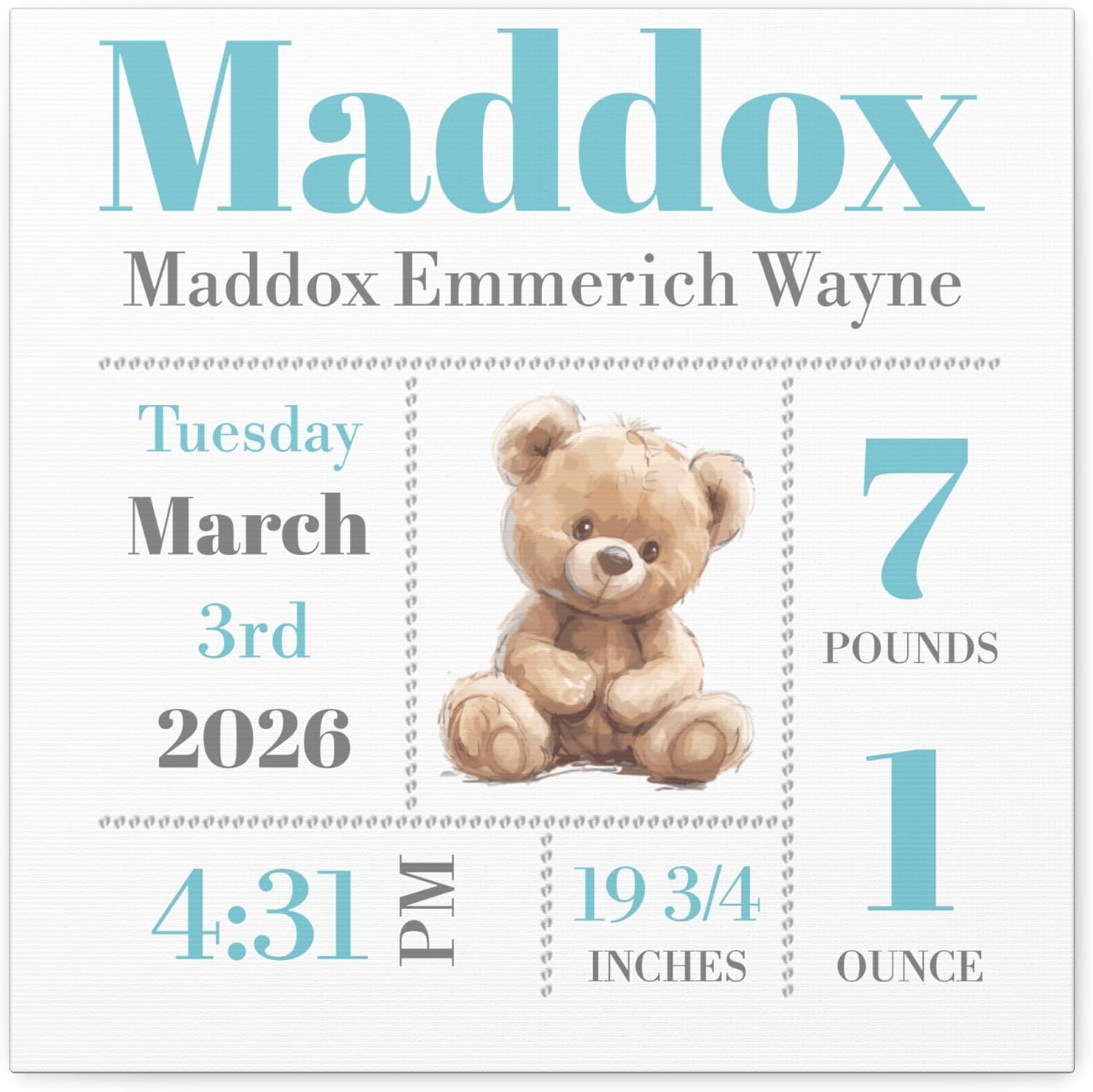 DesygnTheory Personalized Baby Birth Stats Canvas – Brown Teddy Newborn Keepsake