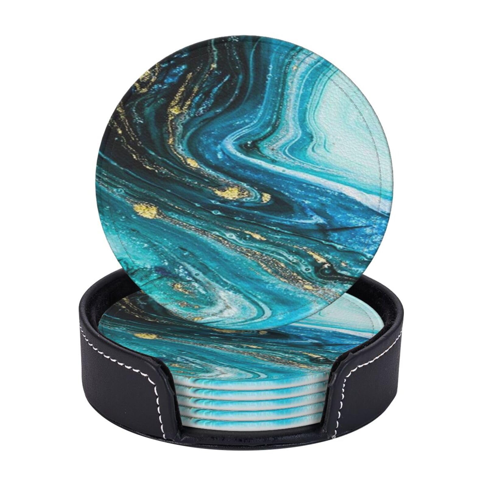 AUGUSTRUSH Round PU Leather Coasters Set of 6, Stone Blue Gold Marble Print coaster with Storage Box, Heat-Resistant Non-Slip Drink Pads for Kitchen Desk Office Dining Table