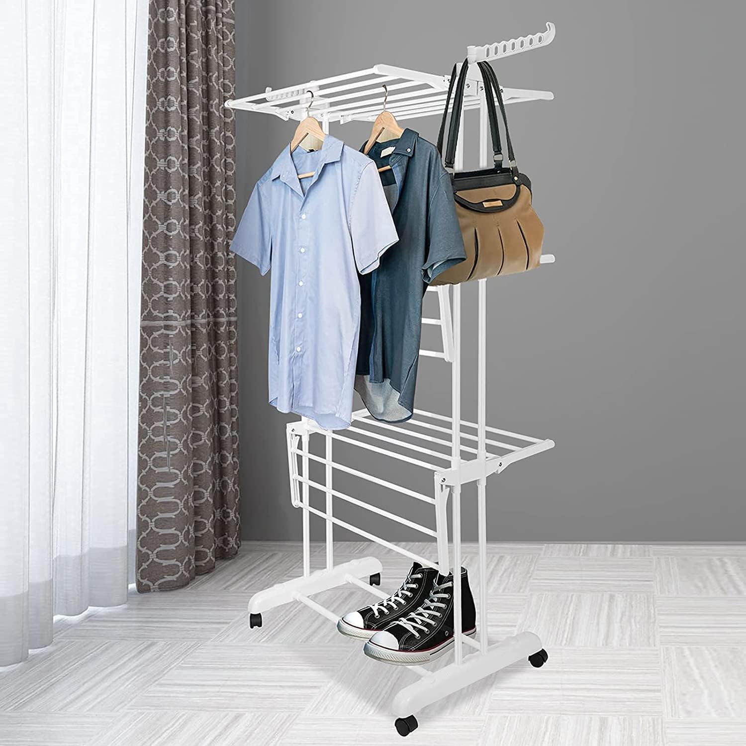 Bigzzia Clothes Drying Rack Folding Clothes Rail 3 Tier Clothes Horses Rack Stainless Steel Laundry Garment Dryer Stand with Two Side Wings