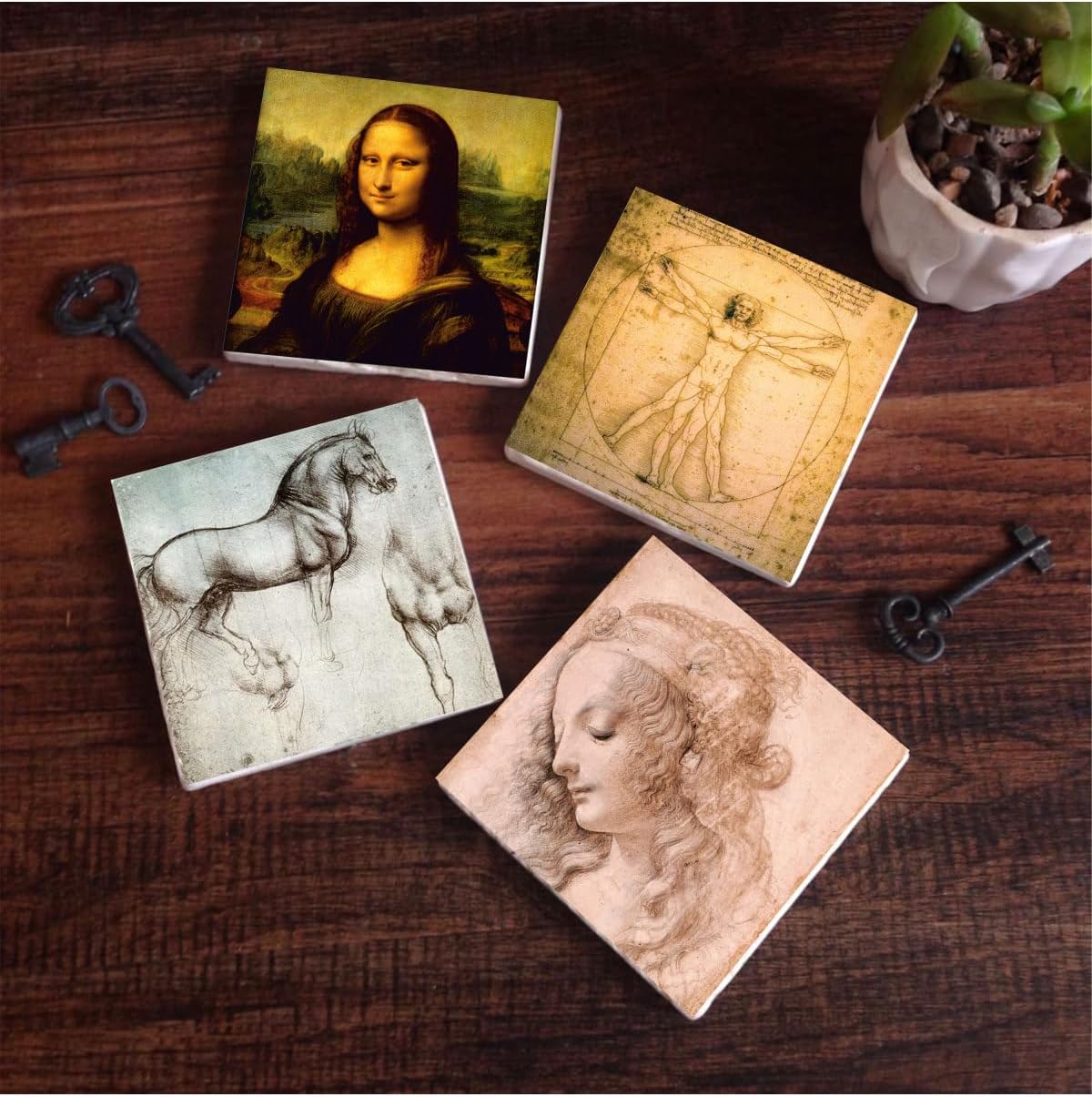 Pinecone Da Vinci Mona Lisa Young Woman's Head Profile Vitruvian Man Horse Statue Stone Coaster Set - 4 Pieces - Decorative, Rustic Kitchen Accessory, 4x4 Inch SC137 with Non-Slip Base
