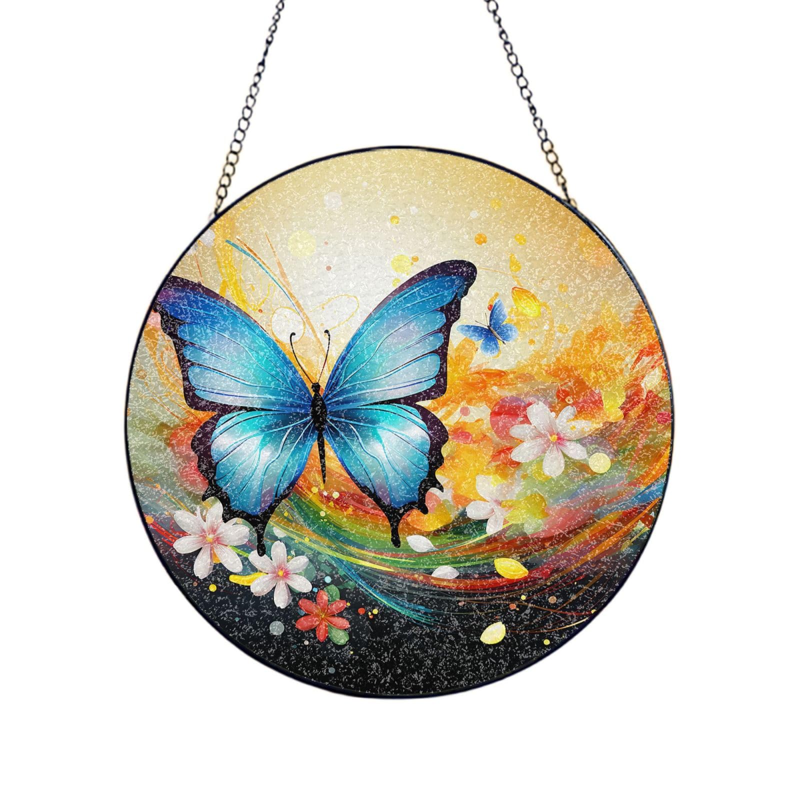 Stained Glass Window Hanging Colorful with Butterfly Sun Catchers Indoor Outdoor Decor Window Suncatcher Door Garden Sunroom Sun Catcher Home Decor Birthday Christmas for Mom Men