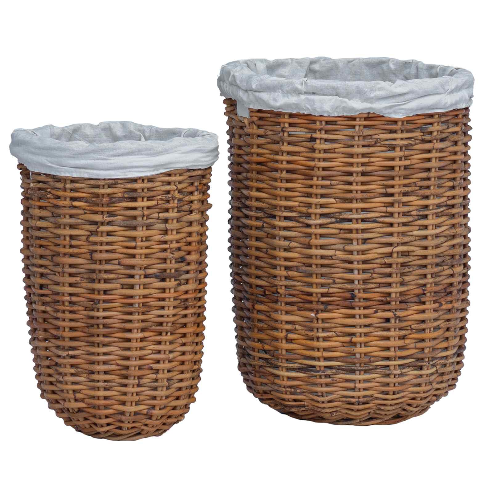 Rattan Wäschekorb 2 Stück mit Deckel, zylindrischer Wäschekorb 2er Set, 42x60 cm und 30x45 cm, geflochtener Wäschesammler mit Griffen für Schlafzimmer Wohnzimmer