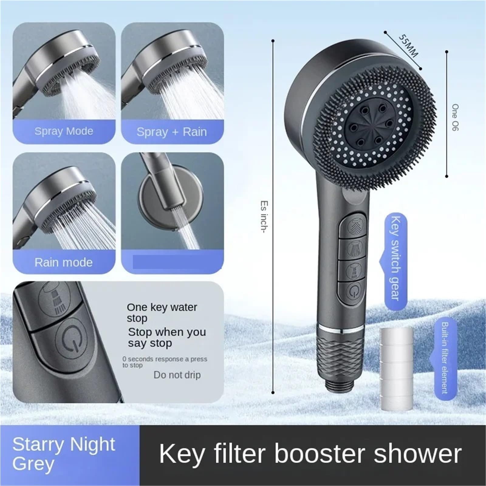 Soffione Bagno a 4 modalità Soffione Bagno ad Alta Pressione Soffione Bagno con Massaggio ad Acqua con Arresto con Un Tasto e Bagno a Pioggia con Elemento filtrante per Bagni(Black)