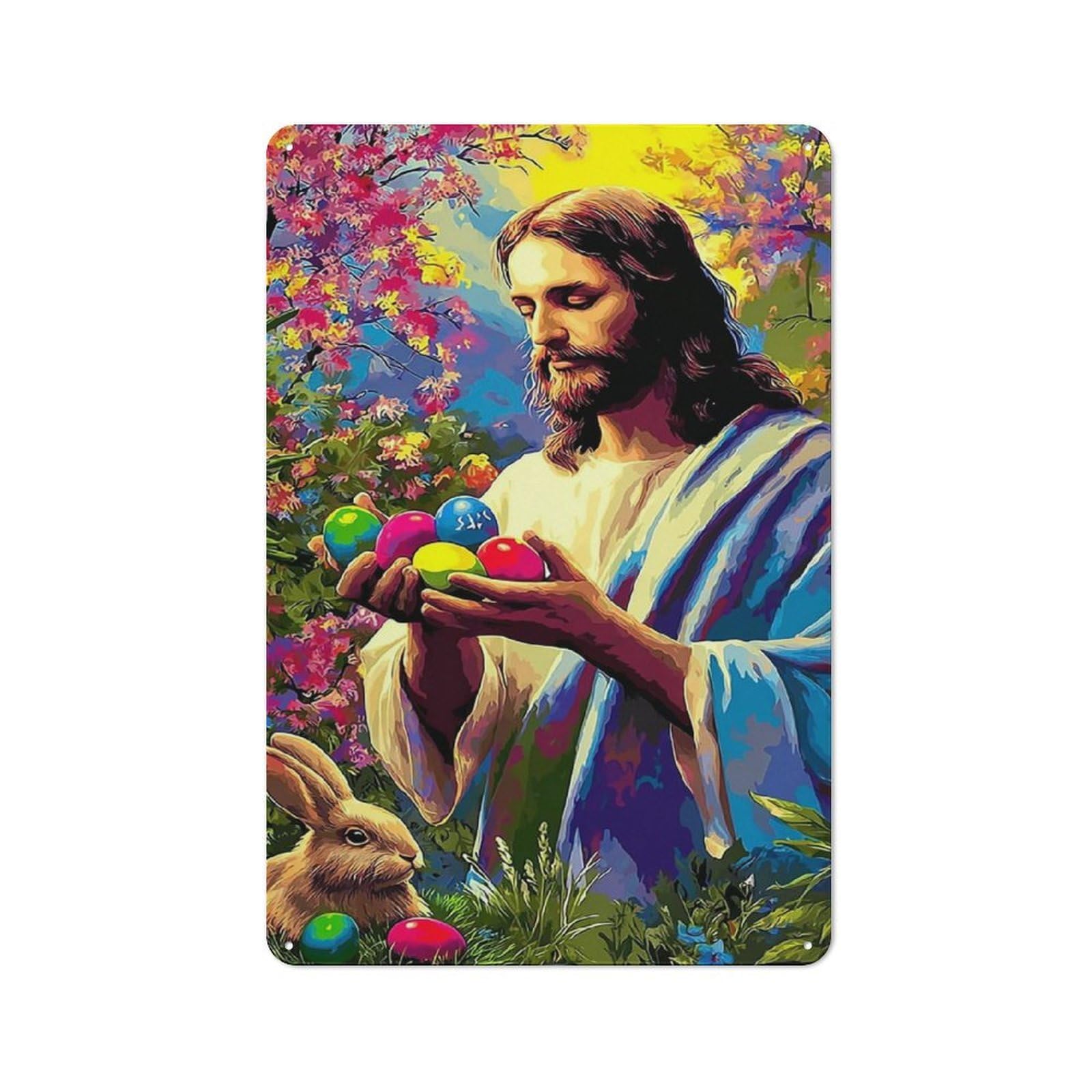 Junmoney Jesus With Easter Eggs And Bunny -2 Tin Wall Plaque 30X20cm With For Garage Or Workshop, For Living Room, Hallway And Entrance Wall Decor