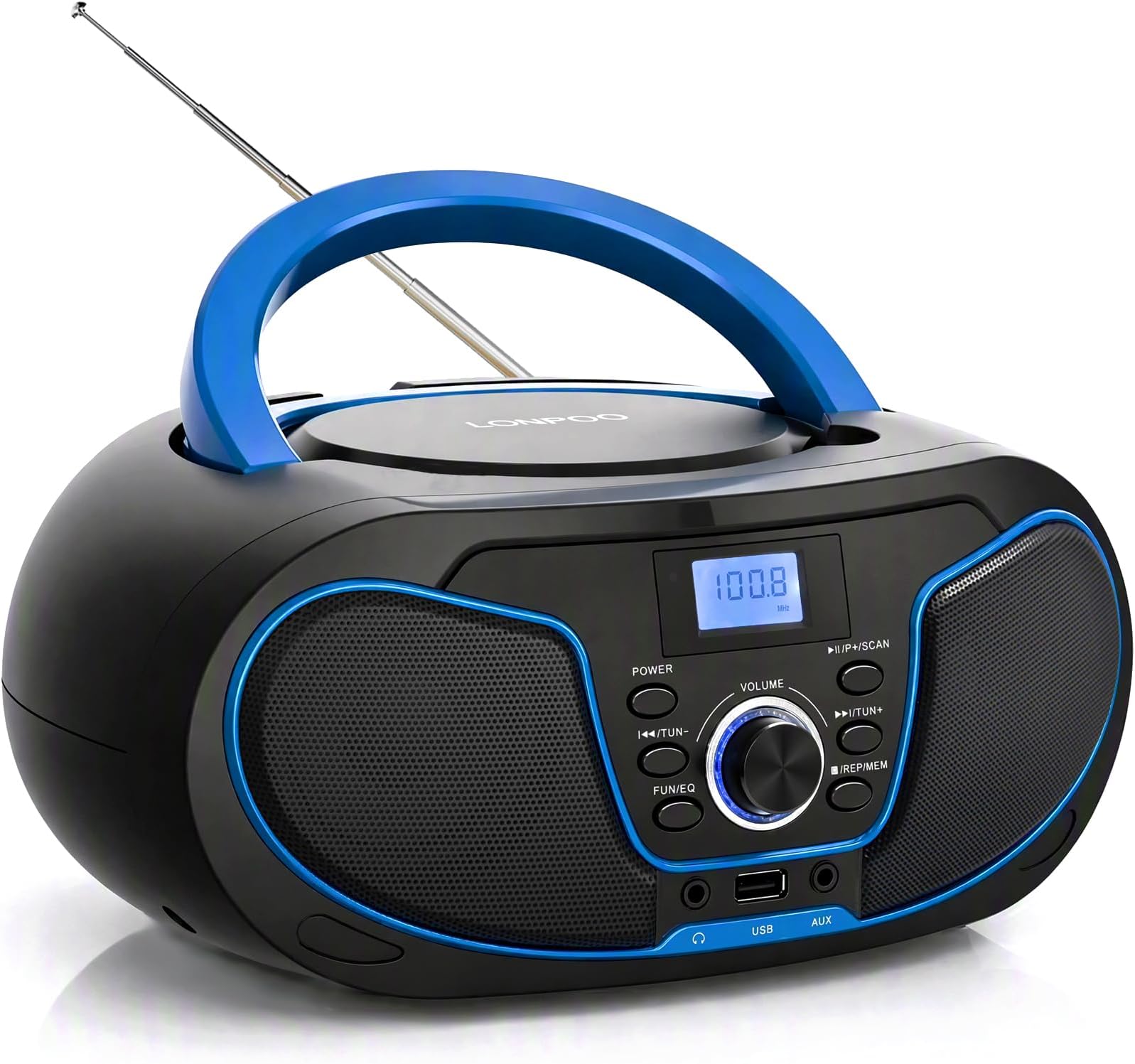 LONPOO Portable CD Boombox Bluetooth 5.3, FM Radio, USB/AUX/3.5mm Earphone Jack, AC/Battery Powered, CD Player with Clear Stereo Sound for Home