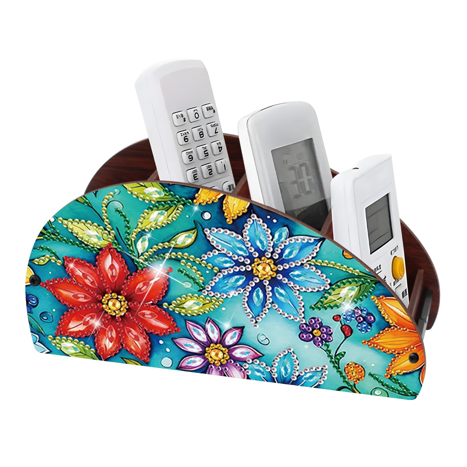 DIY Diamond Painting Storage Box Floral Design Multi-Compartment Wooden Organizer for TV AC Remotes, Makeup Brushes, Pens, Desktop Tabletop Craft Storage