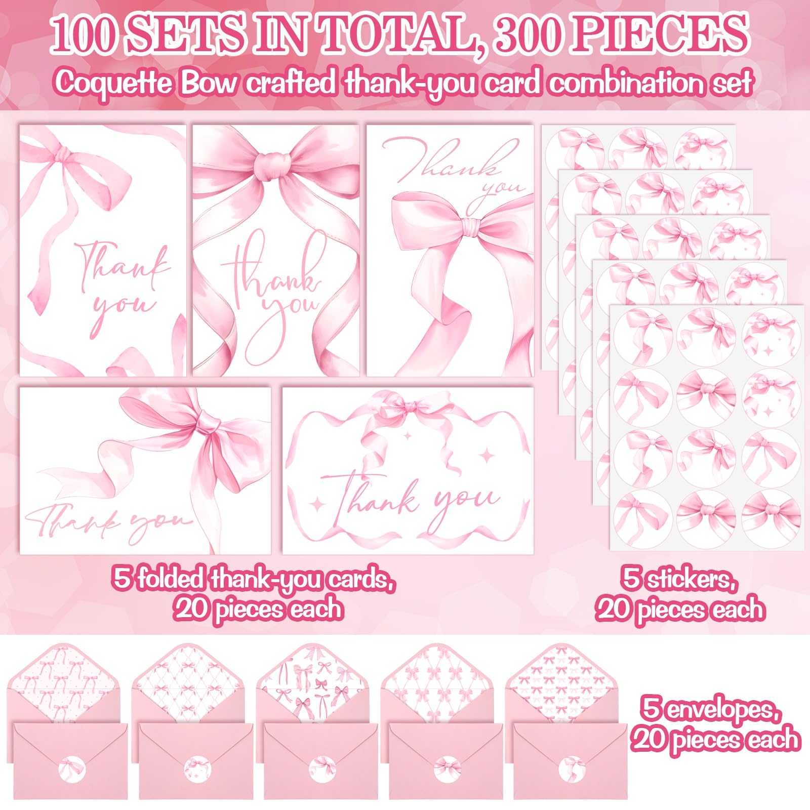 Lot de 100 cartes de remerciement avec nœuds roses et enveloppes et autocollants pour mariage, fête prénatale, fête d'anniversaire