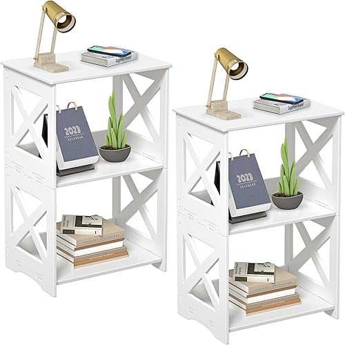 BYFU 3-Tier Side Table Set of 2 Narrow End Table with Storage Shelf White Nightstand Bedside Table Small Bookshelf Bookcase Display Rack for Bedroom