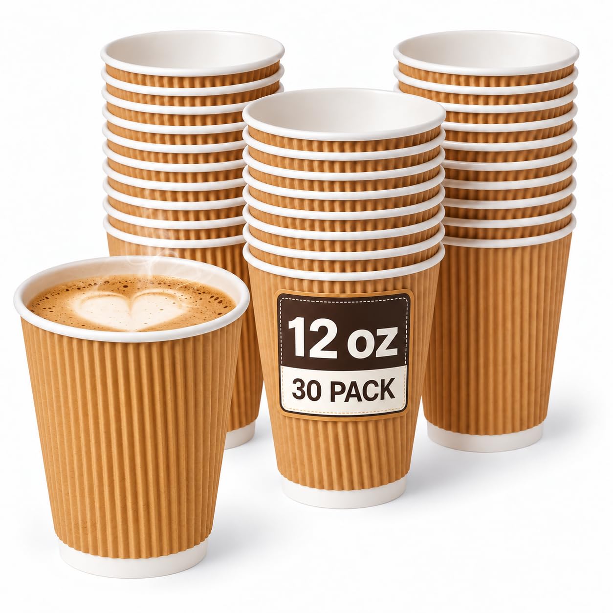 BLISSMART 12oz Ripple Brown Kraft Paper Cups 30 Pack Disposable Coffee Cups Triple Wall Insulated for Hot Drinks Tea Coffee Non Slip Grip Recyclable Leak-Proof Takeaway Use