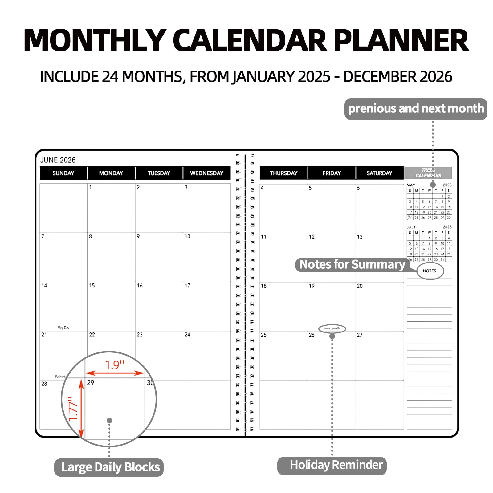 Calendario 2025-2026,Calendario De 18 Meses Julio 2025 A Diciembre 2026 - Bloques Grandes Anti