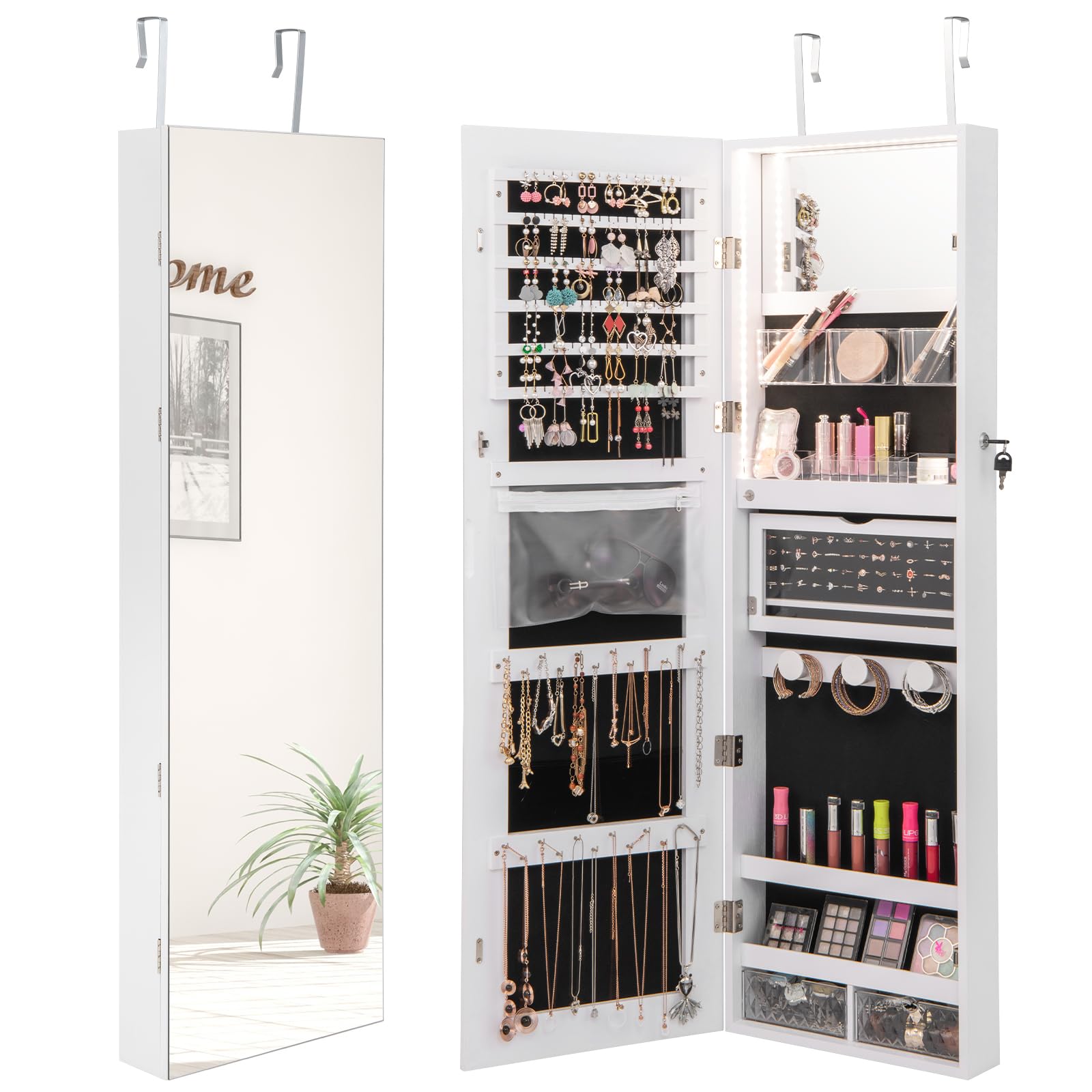 RELAX4LIFE Schmuckschrank mit 2 Spiegel, Spiegelschrank mit 3-farbigen LED-Lichtern & Schloss, Schmuckorganizer für Ohrringe & Armband & Kette & Ringe & Kosmetik, Wand-/Türmontage (Weiß)