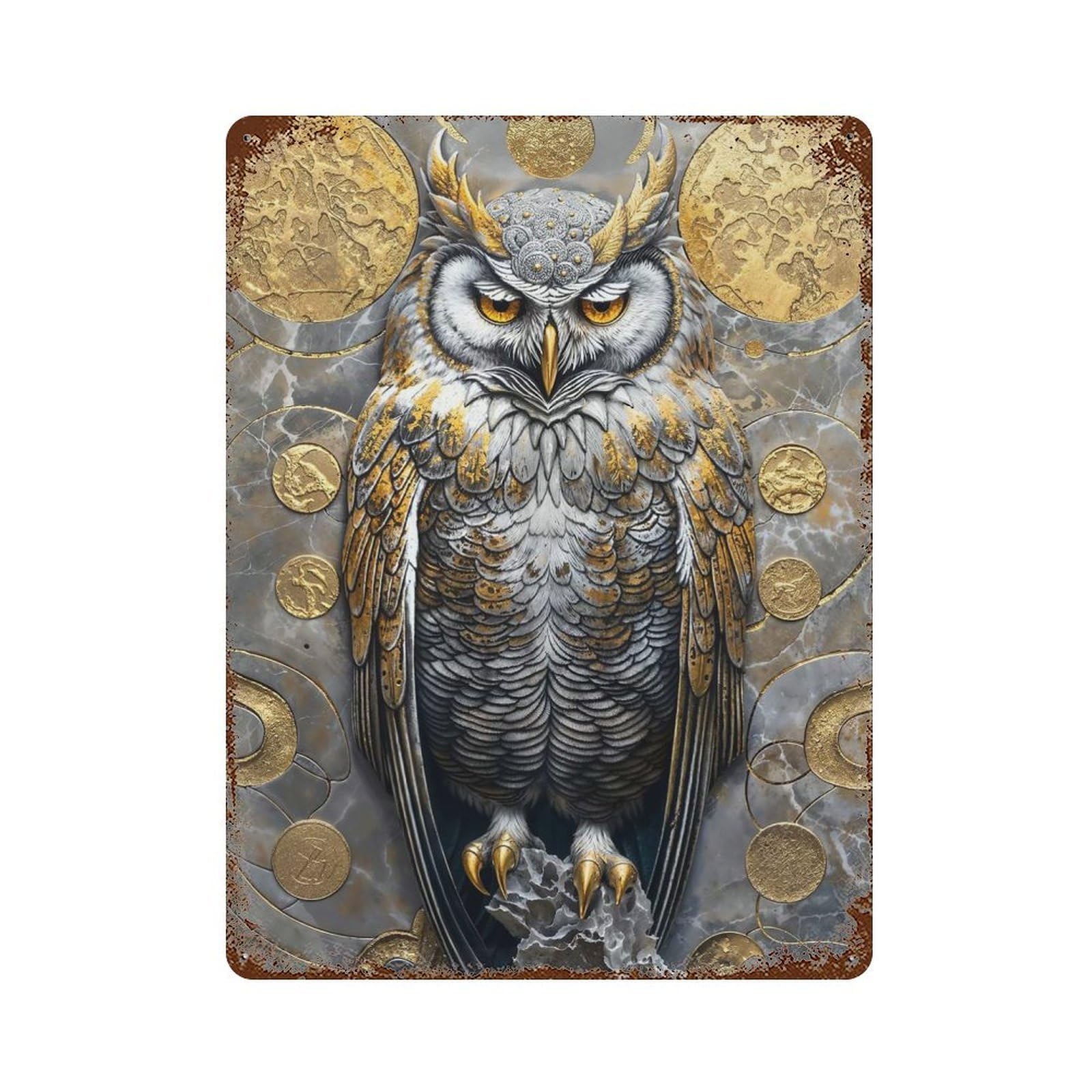 Golden Owl Guardian Majesty Weathered Tin Sign 15.7"x11.8", for Patio, Garden Room And Bar Decor, Farmhouse Wall Decor