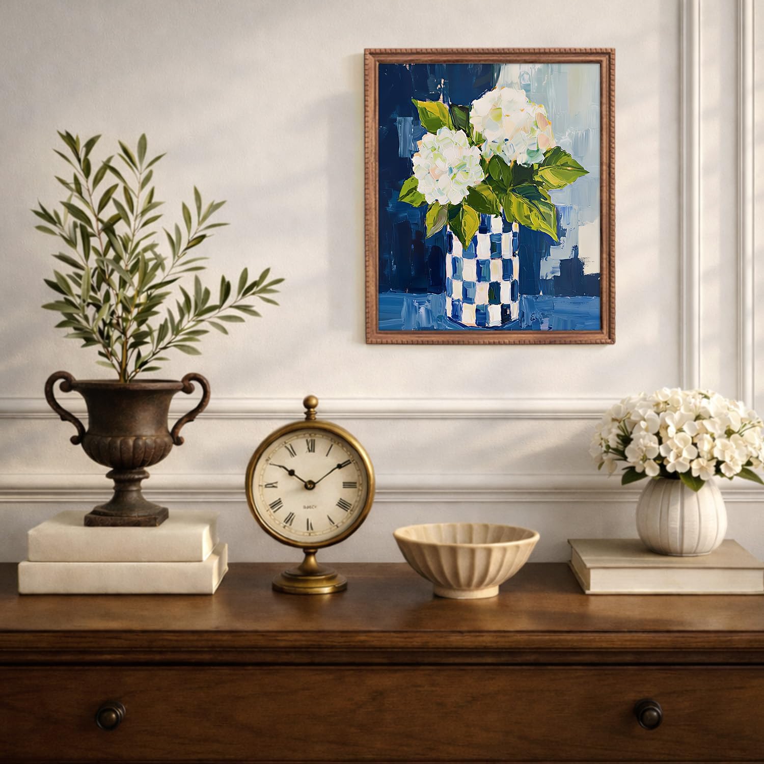 FOPENEM Hydrangea Floral Diamond Painting Kit for Adults Beginners 9.8x11.8 Inch, Cottagecore Abstract Blue and White Checked Vase Flower Gem Diamond Painting Art Kits for Home Wall Decor