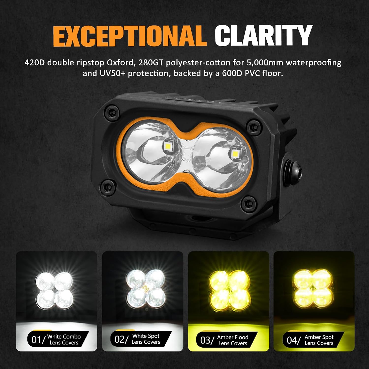 LIGHTFOX 3in LED Pod Lights 2 PCS 4052LM 15° Spot Beam Light, Dual Color Spot&Flood Lens Covers, IP68 Die-cast Aluminum Offroad Rectangle Driving Light Anti-Corrosion Coating Without Wiring Harness