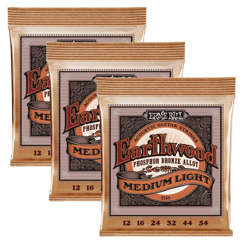 Ernie Ball - Set di corde 2146 in bronzo fosforoso per chitarra acustica, medium light, 12-54, 3 confezioni