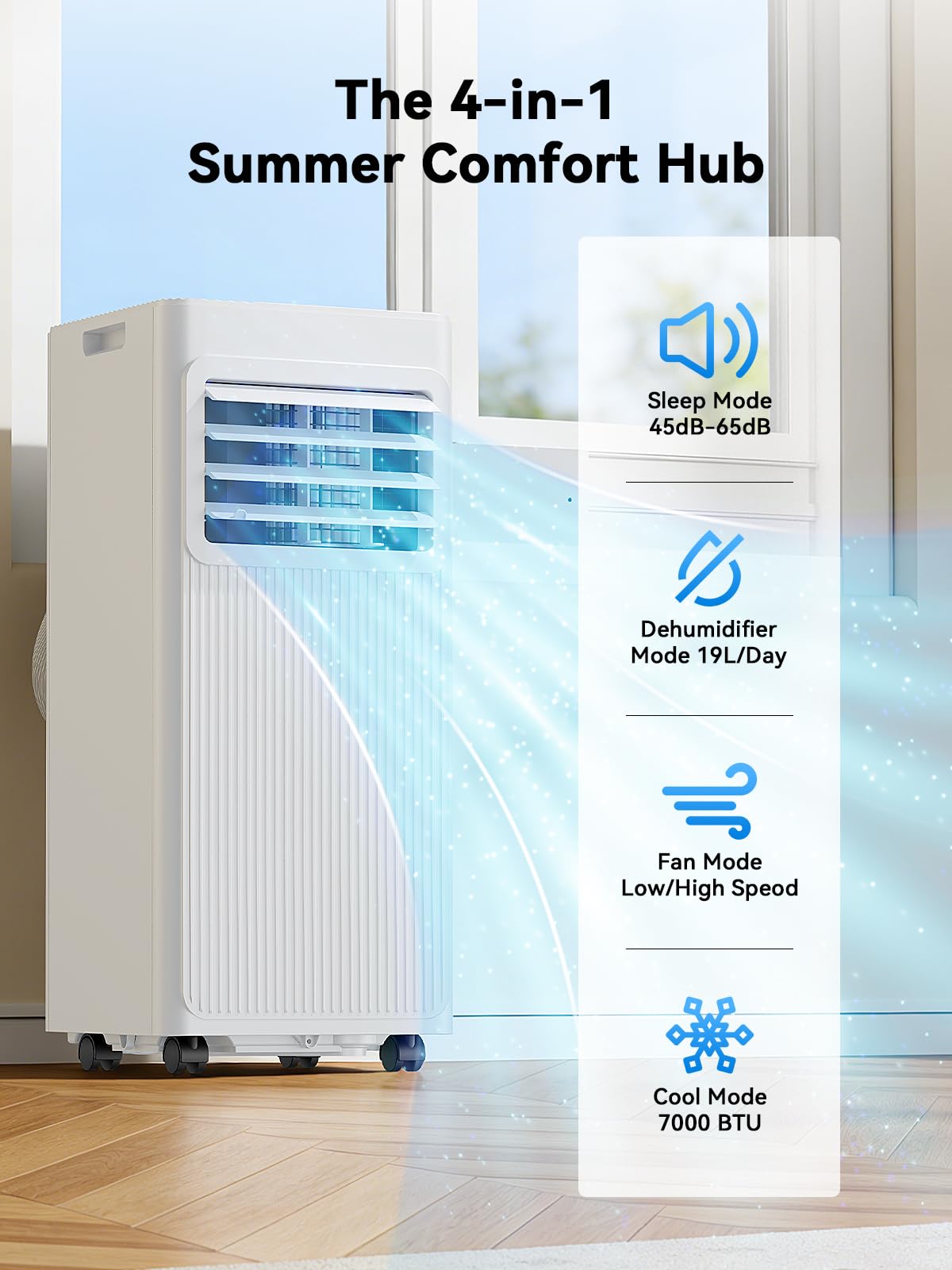7000 BTU Mobile Klimaanlage 4-in-1, Ventilator und Luftentfeuchter, 19 l, leise mit 24-Stunden-Timer – Abluft- und Dichtungsset für Fenster – bis zu 25 m²(weiß)