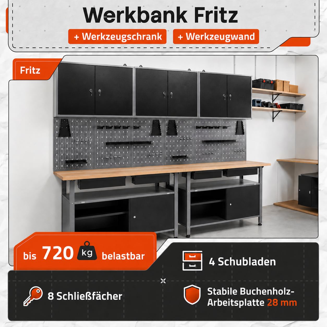 Ondis24 Werkstatteinrichtung Werkstatt Set Werkbank Fritz Hängeschrank Werkzeugwand Metall Schwarz Grau (3X Hängeschrank Ben, 240 cm), Buchenholzarbeitsplatte