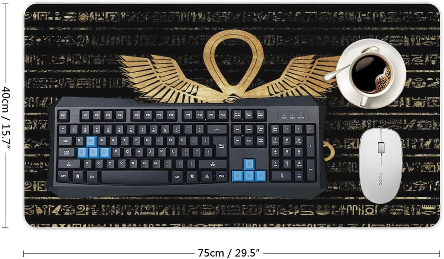 Abstract Egypt Waterproof Gaming Mouse Pad Retro Egyptian Ancient Culture Black Gold Hieroglyph Symbol for Wireless Mouse, Computers, Laptop, Office 30L x 16W Inch