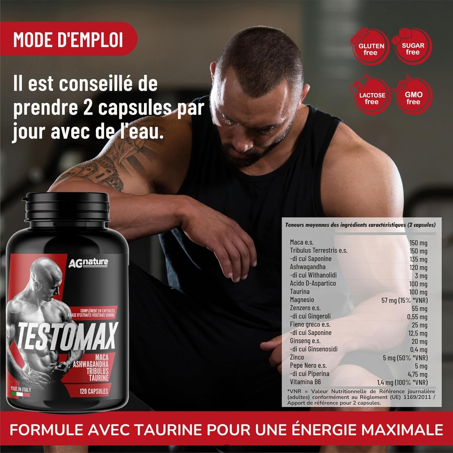 AG nature Testosterone Homme Fort pour Musculation 120 Pilule | Complément Alimentaire Puissant avec Tribulus Terrestris Maca Ginseng Gingembre Zinc