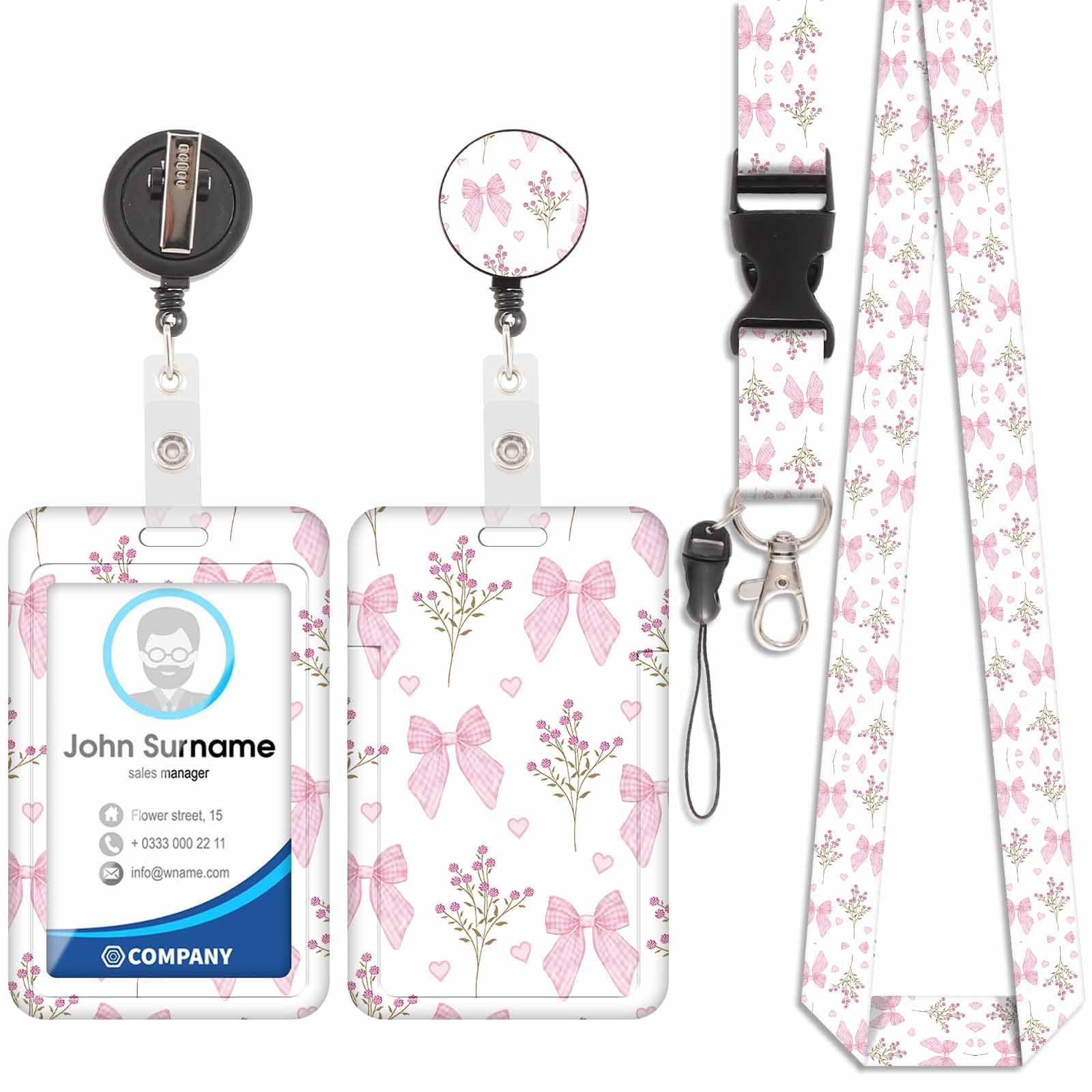 Badge Holder with Lanyard, ID Badge Holders with Detachable Cute Lanyard, Retractable Badge Reel Carabiner Clip, Personalized Vertical Card Cover Case Protector for Nurse Teacher Student (Bow-5)