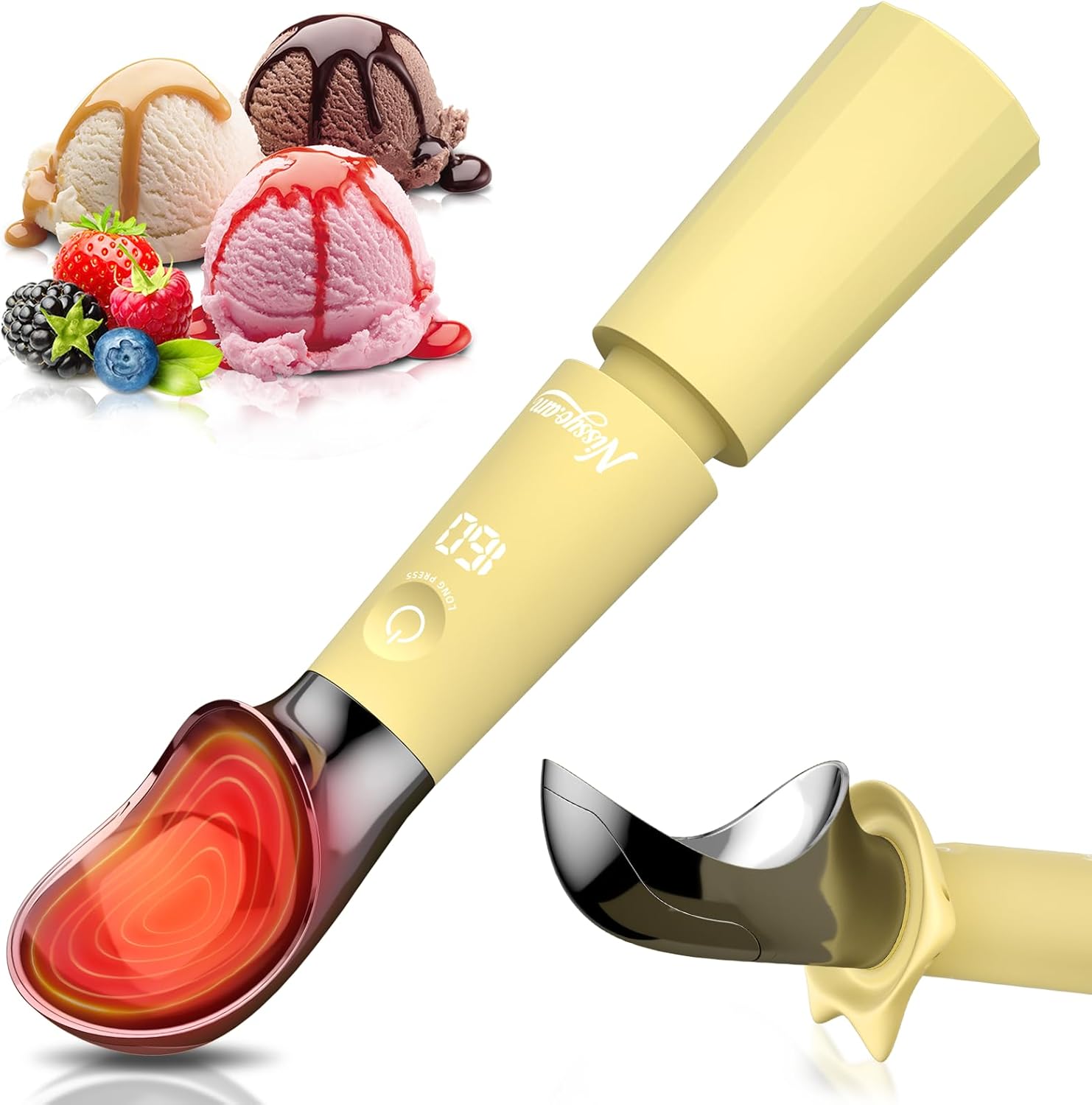 Heated Ice Cream Scoop Rechargeable, Electric Ice Cream Scooper with Removable Battery &Drip-Proof Stand, OneTouch 3 Fast Heating Levels, IP68 Waterproof, Food-Grade Metal for Hard Ice Cream