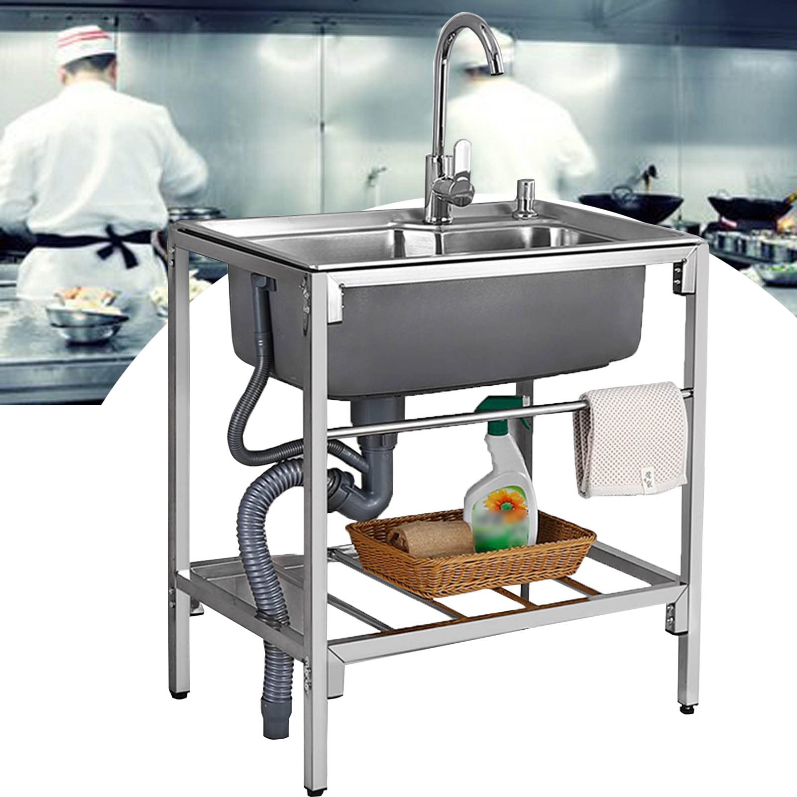 SDdPulse Fregadero utilitario independiente, juego de fregadero para exteriores, fregadero independiente de un solo tazón, juego de fregadero de cocina comercial con grifo giratorio de 360° para