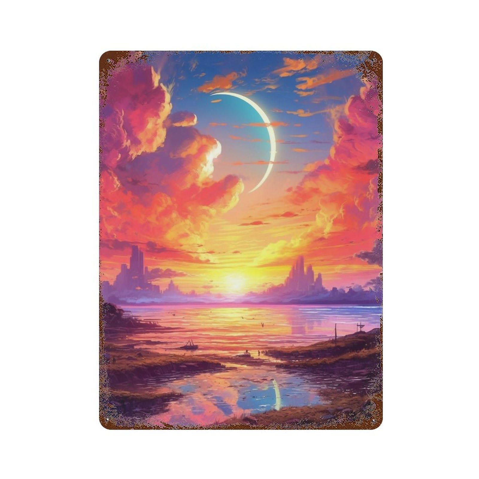 Fantasy Sunset Skyline 15.7"x11.8" Aged Metal Wall Plaque, Vintage Wall Decor for Basement, Hobby Room And Garage Decor