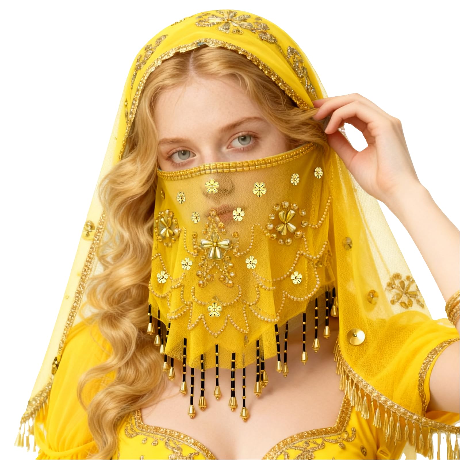 Baisdan Belly Dance Face Veil with Beads Sequins Cosplay Halloween Carnival Costume Accessory, Yellow - Image 6