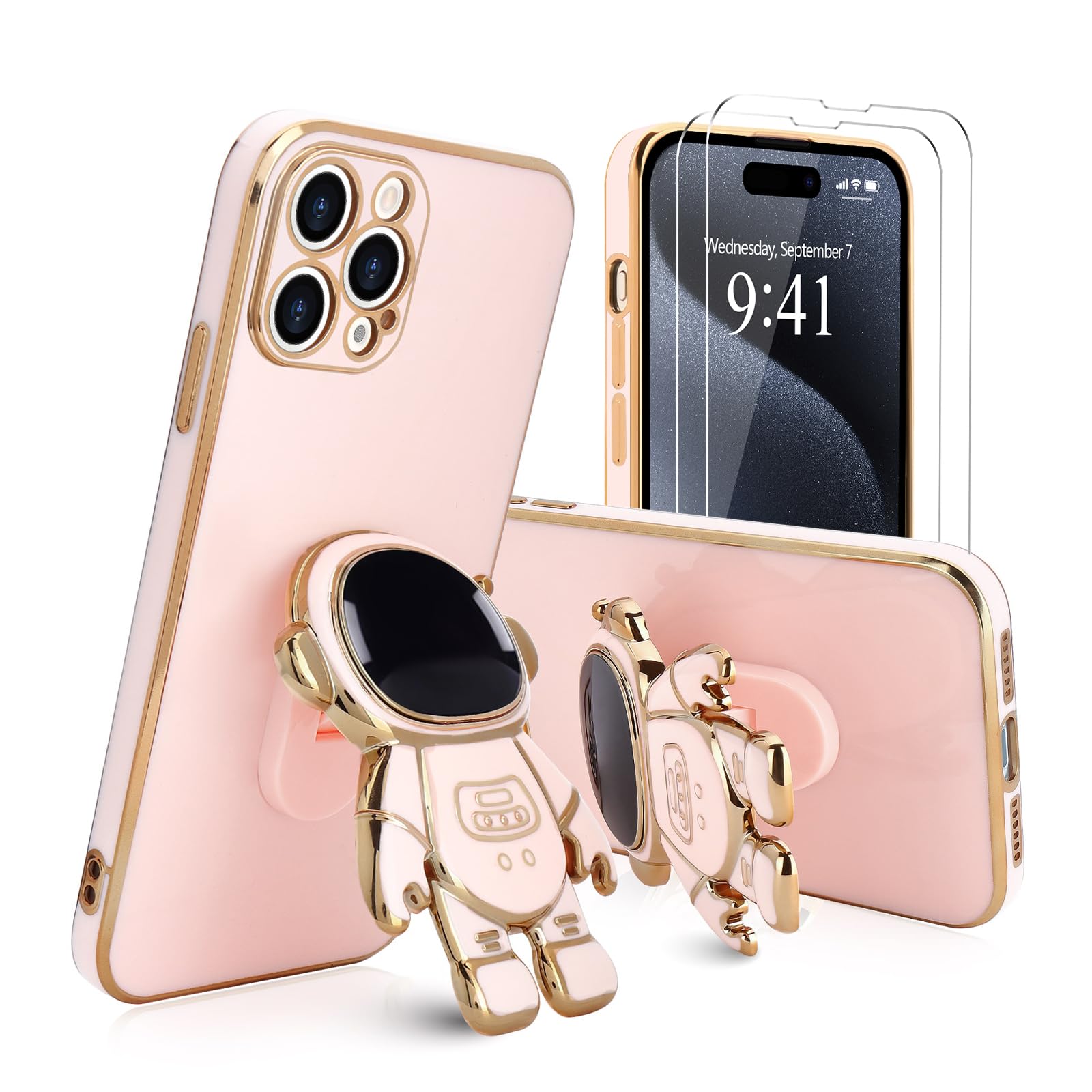Pepmune for iPhone 15 Pro Case, Cute 3D Astronaut Stand with [2 Screen Protector] [Camera Protection] Kickstand Shockproof Bling Silicone Soft Cover