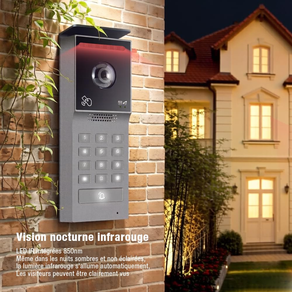 Visiophone Filaire Connecté à 2 Fils,Interphone Vidéo IP WiFi avec 7'' écran Tactile,Résolution 1080P,Unlock à Distance Via APP/IC Cartes,Audio Bidirectionnel, NO/NC Verrouillage de Porte